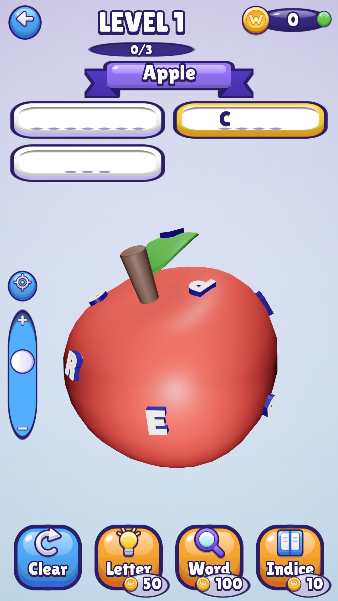 Apple level: letters on a 3D object, three words to complete, zoom controls and hint buttons.