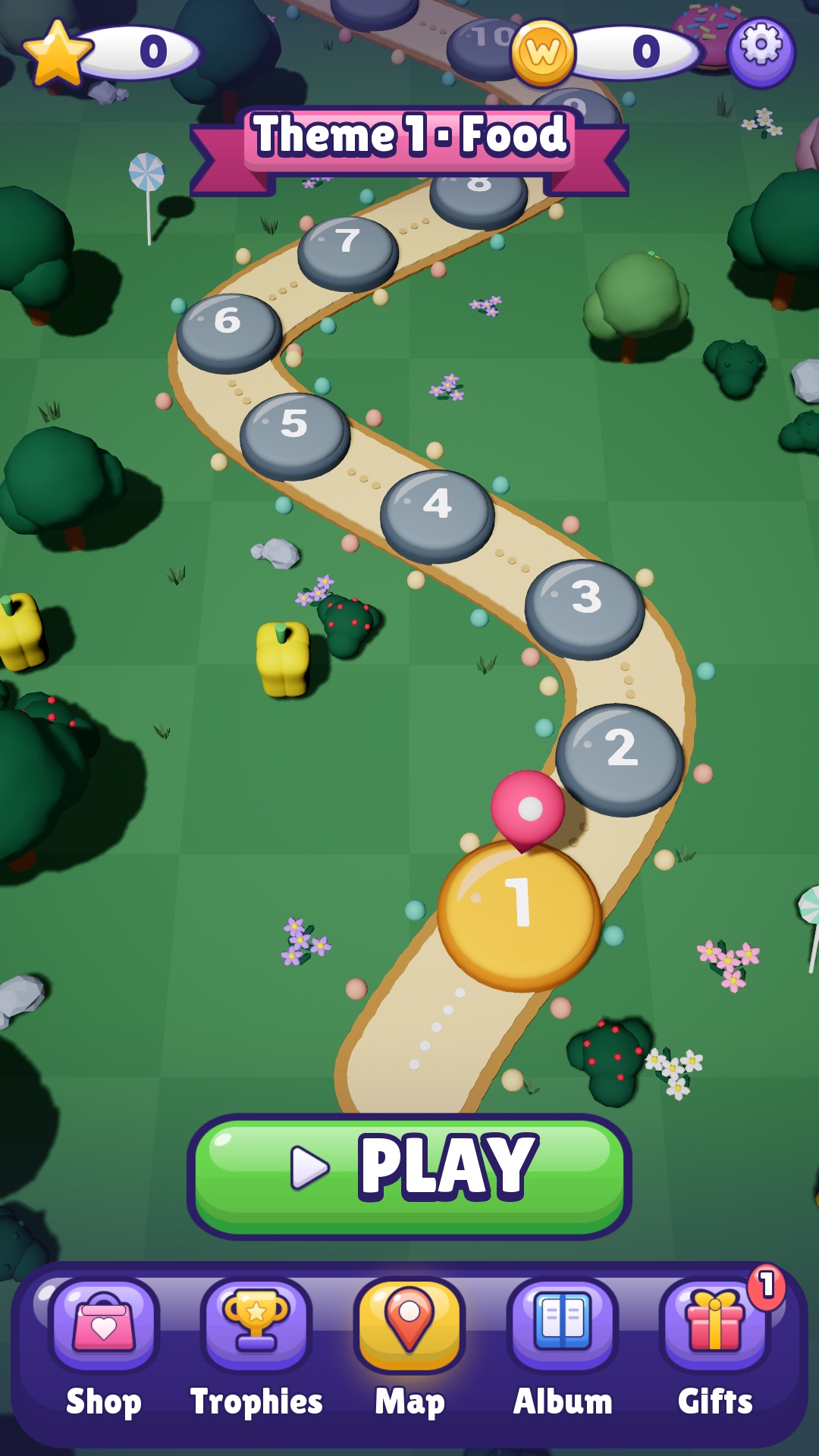 Food theme map: a path connects the levels, with the first level selected.
